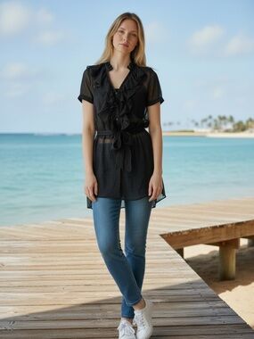 Vertical Ruffle Sheer Tunic Cover Up Top Blouse